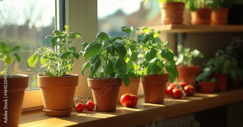 Indoor Garden With Basil and Tomato Plants on a Sunlit Windowsill in the Afte...