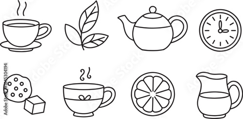 Black and white line art illustration of tea time elements including tea cup and leaves and a clock
