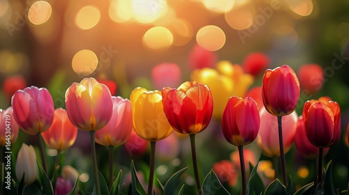 Colorful Tulips Bloom in a Vibrant Garden During Golden Hour in Spring