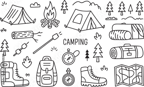 A collection of camping doodles featuring tents, fire, backpacks, and other outdoor elements