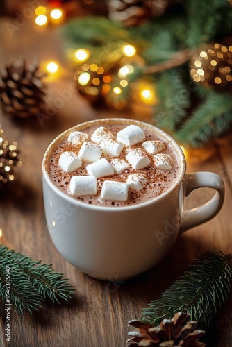 Warm Beverage Topped With Marshmallows Surrounded by Pinecones and Festive Li...