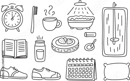 A doodle illustration of daily routine items including alarm clock, shoes and calendar on white background