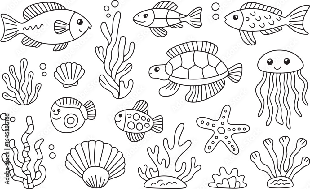 Obraz premium Black and white outline drawing of various sea creatures and plants on a white background pattern