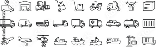 Logistics and transportation icons set, delivery van, warehouse, forklift, hand truck, bicycle, scooter, drone delivery, cargo truck, refrigerated truck