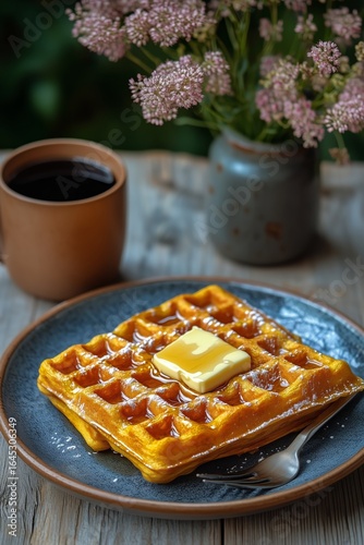 Delicious Waffle With Butter Served on a Blue Plate Next to a Cup of Coffee a...