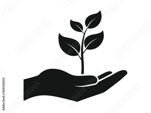 Plant in hand. Vector icon symbolizing care, growth, and environmental responsibility, perfect for eco-friendly brands, sustainability projects, gardening apps, wellness, and nature-related designs.