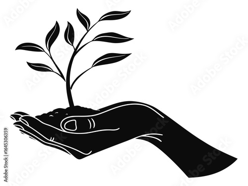 Plant in hand. Vector icon symbolizing care, growth, and environmental responsibility, perfect for eco-friendly brands, sustainability projects, gardening apps, wellness, and nature-related designs.