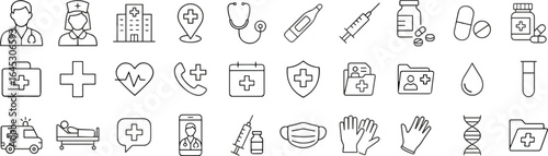 Medical and healthcare icons set, doctor, nurse, hospital, medicine, syringe, pills, stethoscope, ambulance, health care, medical consultation, DNA, gloves, mask, vaccine, first aid.