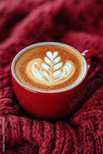 Warm Red Cup of Latte Art Resting on Cozy Knitted Blanket During Chilly Morning