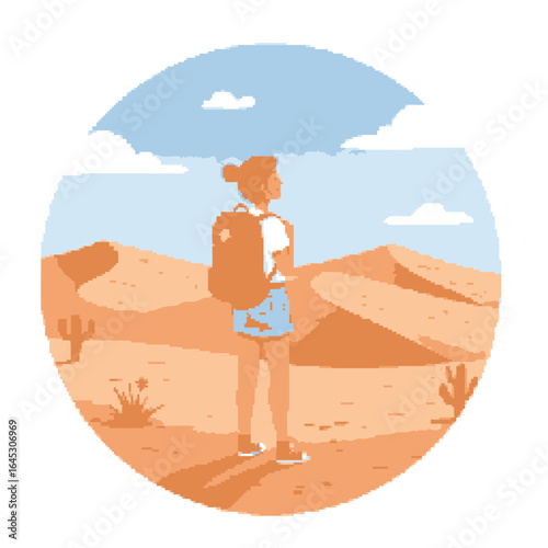 A solo female traveler with a backpack gazes at a vast desert landscape. Vector illustration of adventure, exploration, and journey.