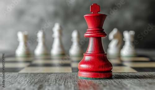 Red King Piece Stands out in a Chess Game With White Pieces in the Background
