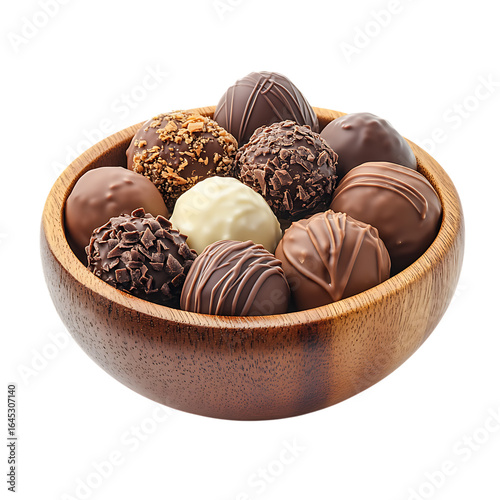 Assorted chocolate truffle displayed in wooden bowl