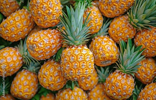 Fresh Pineapples Displayed in a Market Showcasing Vibrant Colors and Tropical...