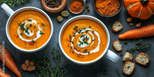 Delicious Pumpkin Soup Served With Fresh Herbs and Bread on a Dark Kitchen Su...