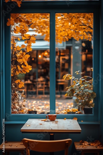 Warm Autumn Vibes From a Cozy Cafe Window With Colorful Foliage in the Backgr...