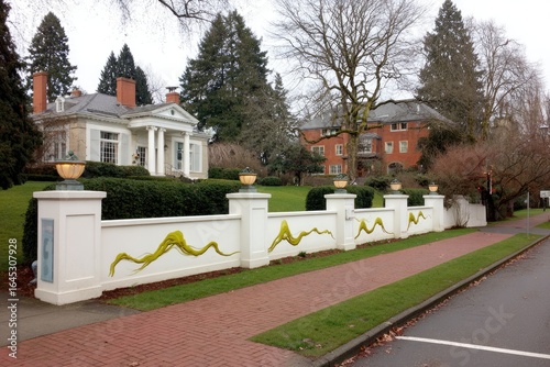 Residential street scene with sculpted wall art