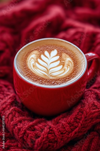 Coffee Cup With Latte Art on a Cozy Red Knit Blanket in a Warm Setting