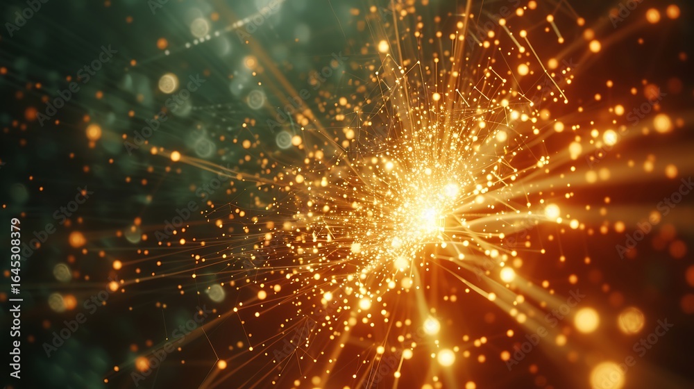 Naklejka premium Floating electric web of quantum bits forming a bright explosion of light on a clean tech background .