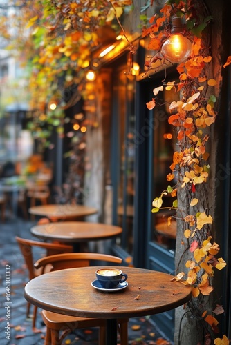 Cozy Outdoor Cafe With Autumn Leaves and Warm Lighting in a Vibrant City Street.