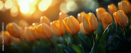 Vibrant Orange Tulips Bloom in the Golden Sunlight of Springtime Garden