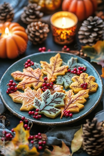 Colorful Autumn Leaf Cookies Decorated for a Festive Gathering in a Cozy, War...