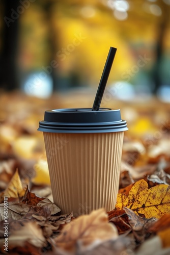 Warm Beverage Cup Resting on Autumn Leaves in a Park Setting