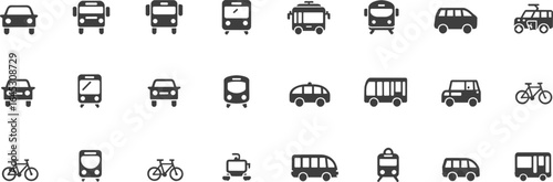 Public transportation and mobility icons set including cars, buses, trains, bikes, vans, and scooters in solid glyph style