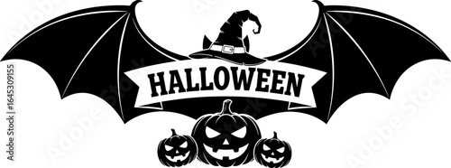 Spooky Halloween Bat Wings, Witch Hat, Pumpkins: Monochrome Vector Graphic Design