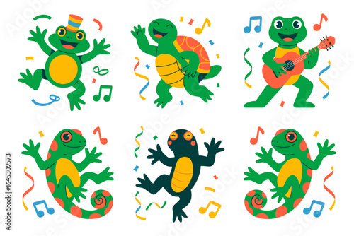 Dancing frog and turtle icon set, musical amphibian characters, confetti celebration, children friendly vector, cute cartoon mascots