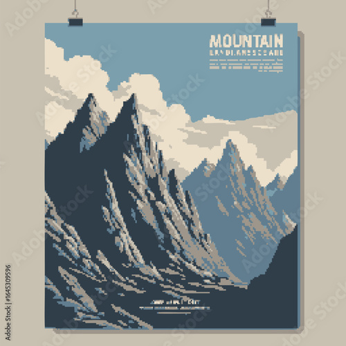 Retro 8-bit pixel art poster of a majestic mountain landscape. Digital vector illustration of a scenic alpine valley.