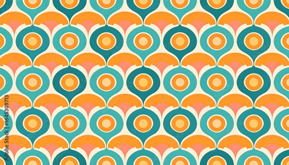 Retro inspired geometric pattern with teal, orange and beige color scheme