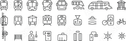 Public transportation icons – trains, buses, trams, bike sharing, transit stations, ticket machines, commuter, travel, urban mobility, transportation network