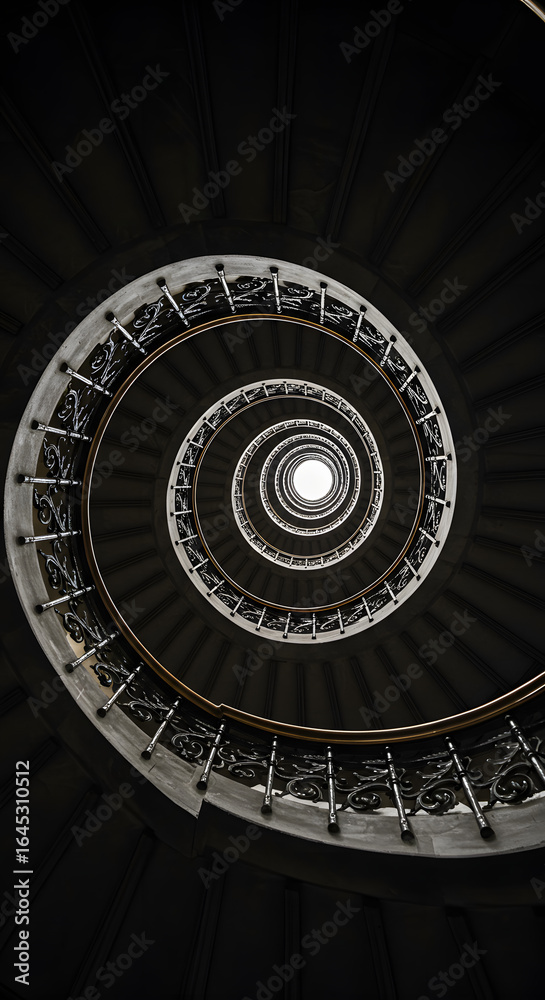 Fototapeta premium Spiral Staircase: A mesmerizing spiral staircase ascends towards a light source, revealing an architectural marvel of symmetry and pattern in a captivating architectural photograph.