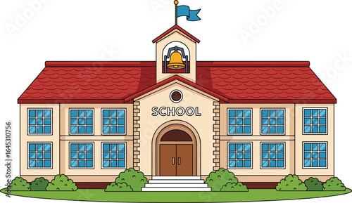 Cartoon school building illustration, cute educational institution clipart, red roof schoolhouse vector art, learning center design, academic building drawing, classroom exterior icon, children’s educ