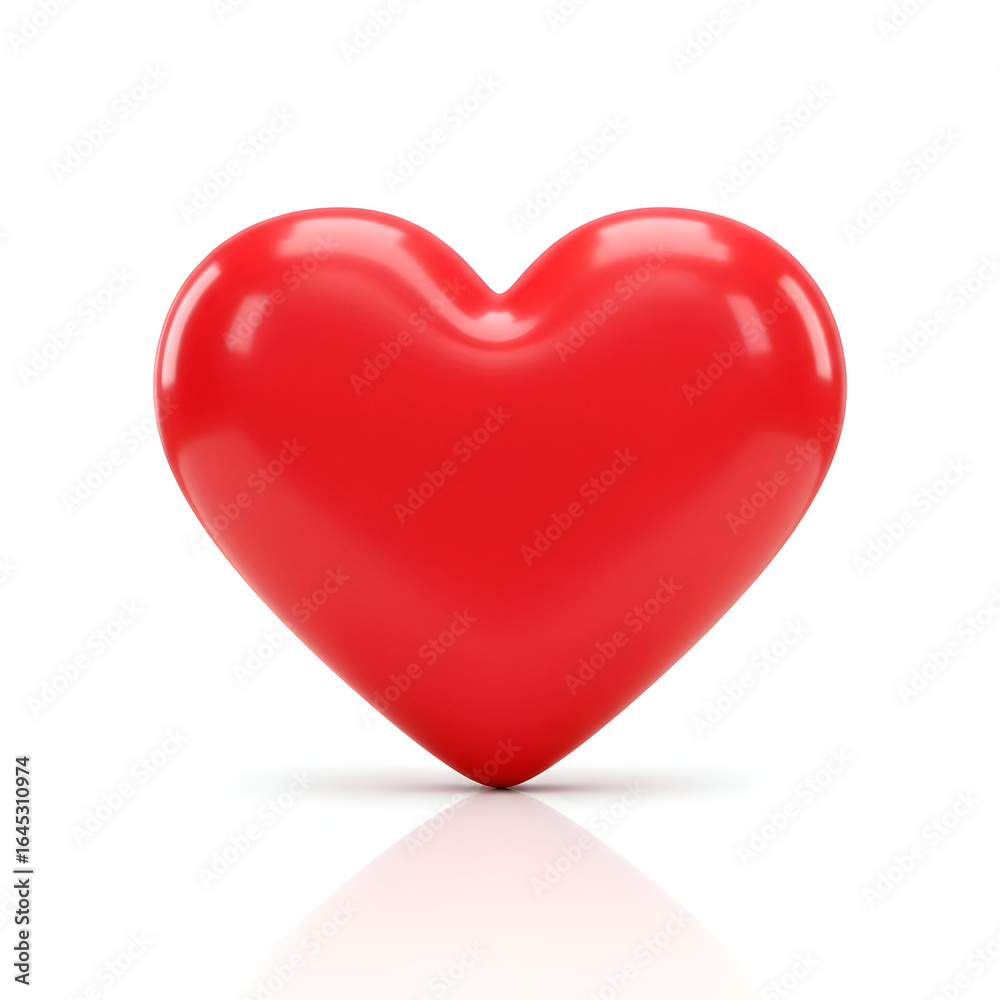 Red heart shape with glossy finish, simple design, placed on white background. 3D rendering of a heart in a studio setting. Red heart shape with glossy finish, simple design, placed on white background. 3D rendering of a heart in a studio setting.
