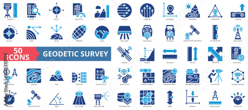 Geodetic survey icon set flat style collection. Containing survey, datum, benchmark, elevation, latitude, longitude, coordinate, topography, azimuth, theodolite