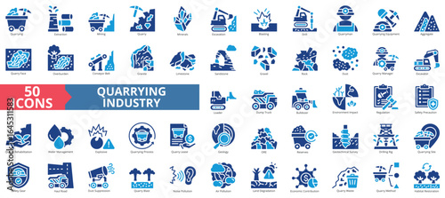 Quarrying industry icon set flat style collection. Containing extraction, mining, quarry, minerals, excavation, blasting, drill, quarryman, equipment, aggregate