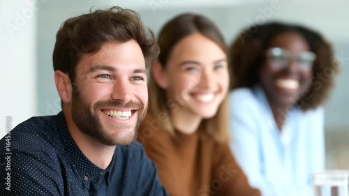 Wallpaper Mural Team Meeting Focuses on Enhancing Workplace Joy and Collaboration, Employees Share Ideas Around Conference Table in Bright Modern Office with Positive Atmosphere Torontodigital.ca