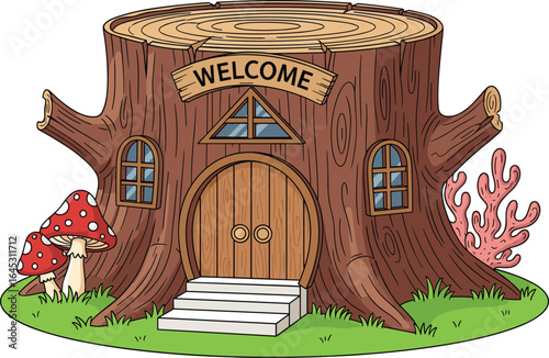Tree stump house illustration, fantasy woodland home vector, mushroom and coral plants, whimsical forest dwelling, nature-inspired architecture, magical fairy house clipart, wooden door with windows, 
