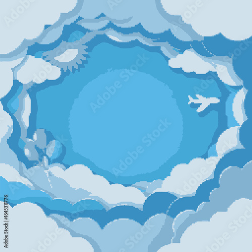 Paper cut illustration of a blue sky with an airplane and hot air balloon seen through layered clouds. Travel and adventure concept.