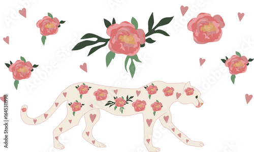 Elegant vector illustration of a leopard decorated with pink peony flowers and heart patterns. Surrounded by separate floral elements and hearts, this romantic design is perfect for greeting car