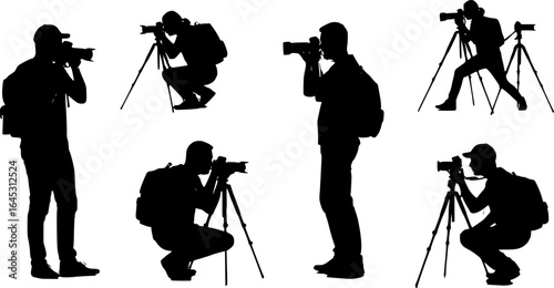 photographers silhouettes, action shot, capturing moments, dynamic poses, vector