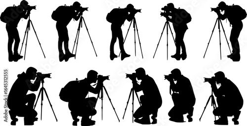 photographers silhouettes, action shot, capturing moments, dynamic poses, vector