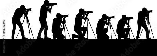 photographers silhouettes, action shot, capturing moments, dynamic poses, vector