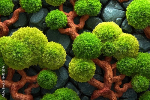 Lush green bonsai-like trees on dark stone
