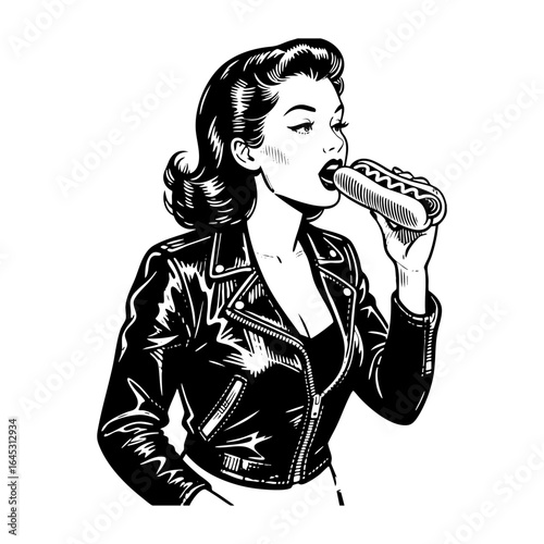 Hand drawn of pinup woman wear leather jacket eat hotdog engraving vector illustration.