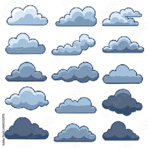 Pixel art cloud collection. Set of blue 8-bit sky weather icons for retro video game design. fard (164) style elements.