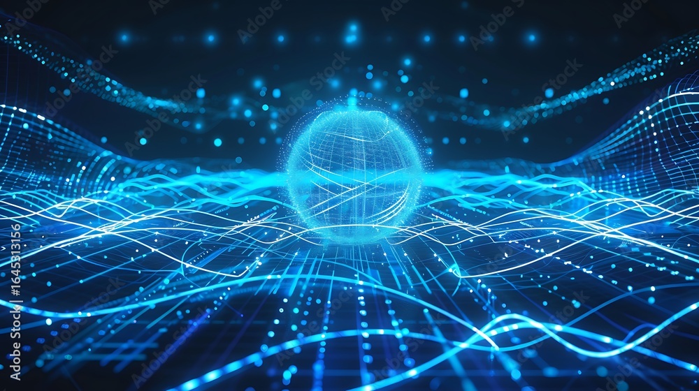 Obraz premium Quantum processor core surrounded by flowing neon blue wave circuits, emitting pulses across a dark tech grid .