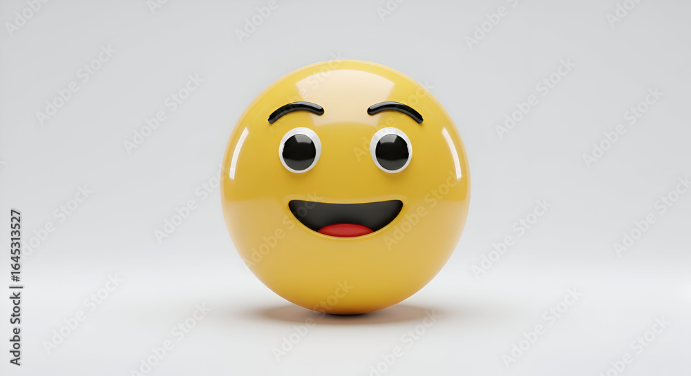 Fototapeta premium 3D yellow emoji face with wide smile in a studio setting. Smiling emoticon on white background. Digital graphic. joyful virtual character. design project.