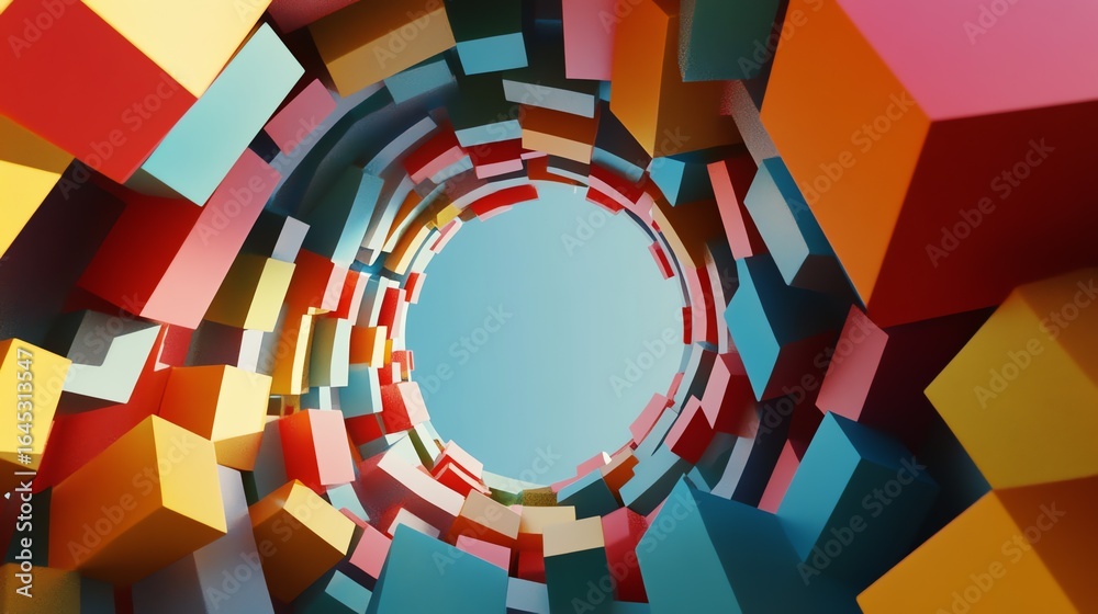 Fototapeta premium Abstract image of colorful blocks forming a swirling tunnel with a clear sky visible in the center.